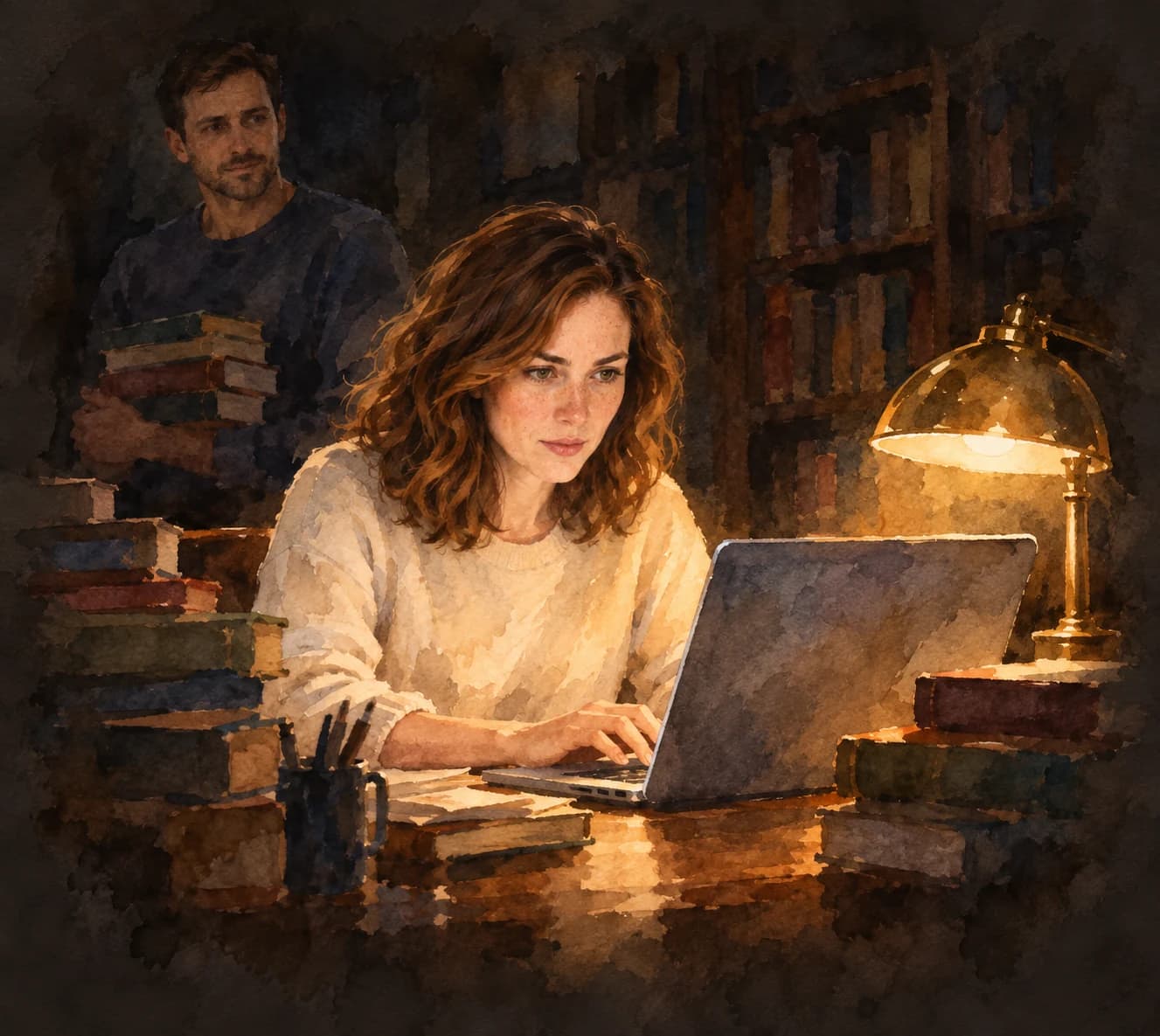 A focused mother types beneath a warm library lamp while the father brings more books to their research desk.