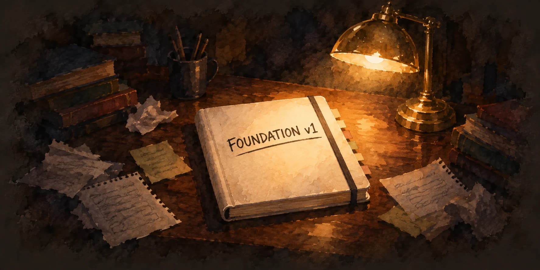 A closed notebook marked FOUNDATION v1 sits under the same brass lamp, surrounded by books, notes and rejected pages.