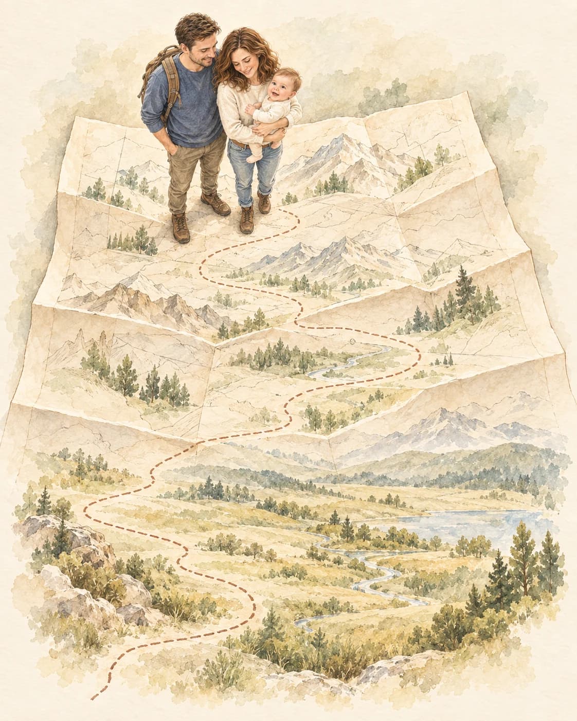 The example family stands on a large unfolded paper map that becomes a painted landscape, with a winding route continuing downwards.
