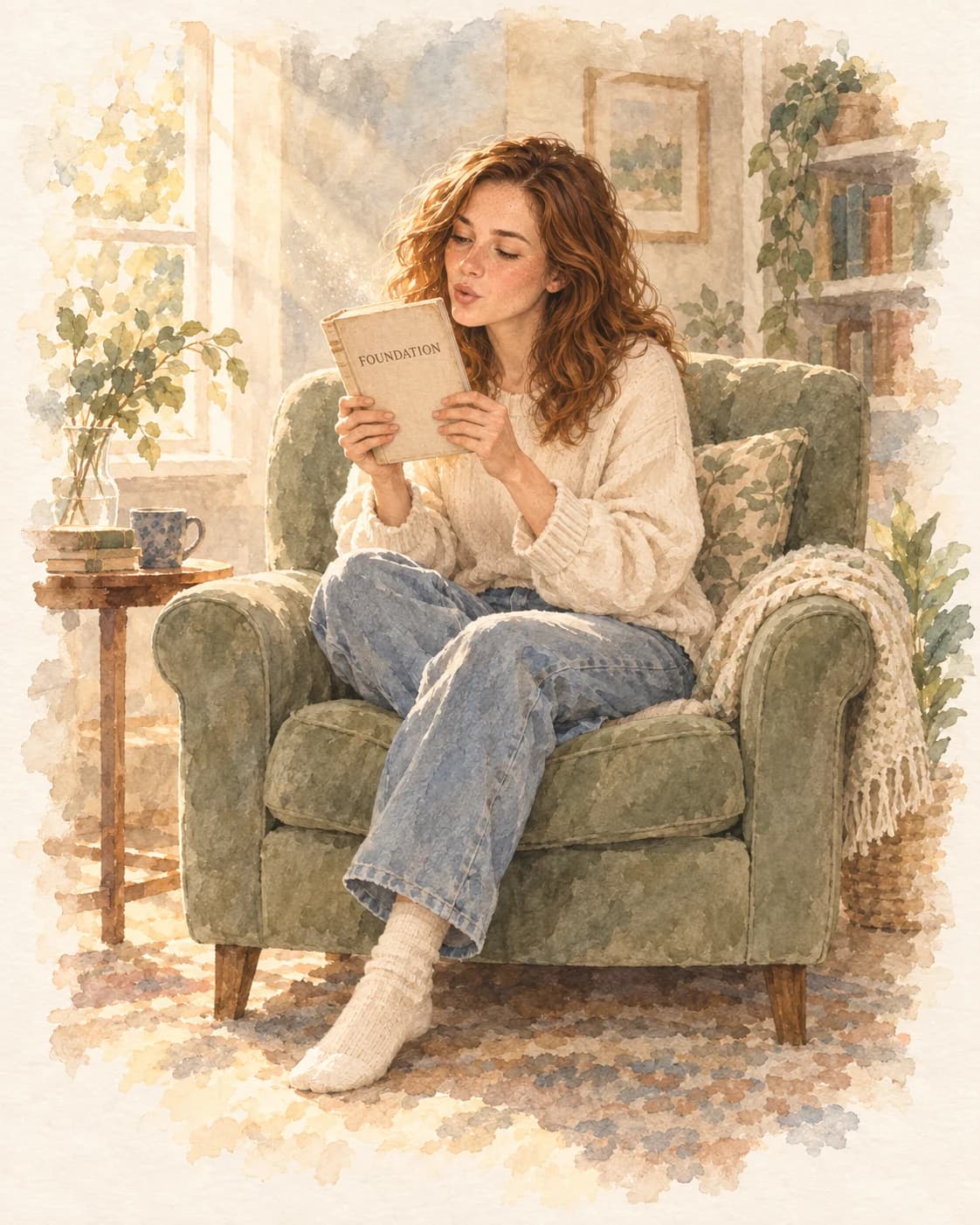 Their daughter, now a young adult, sits alone in a reading chair and blows a small plume of sunlit dust from her closed FOUNDATION book.