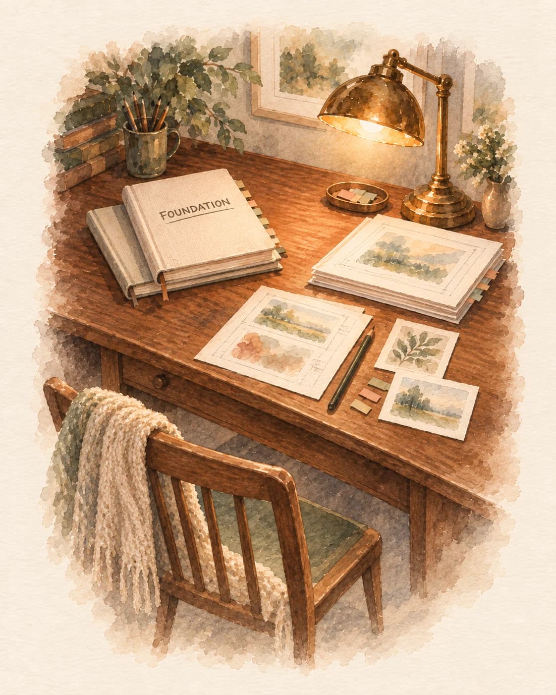 A quiet sunlit editorial workshop with illustration studies, page stacks, pencils and closed FOUNDATION notebooks.